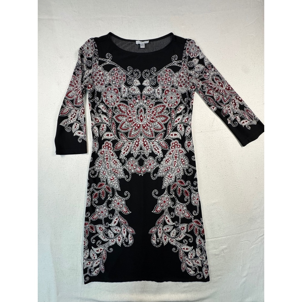 London Times‎ Sheath Dress Womens 6 Black Red Paisley 3/4 Sleeve Stretch